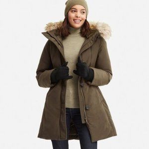 Uniqlo Womens XS Ultra Warm Down short parka coat hood jacket olive green - NEW